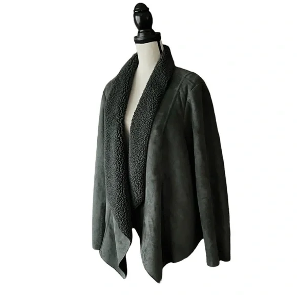 Denim&Co 1X Faux Suede Sherpa-lined Forest Green Open Front Jacket - Picture 3 of 7